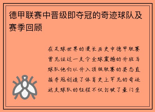 德甲联赛中晋级即夺冠的奇迹球队及赛季回顾